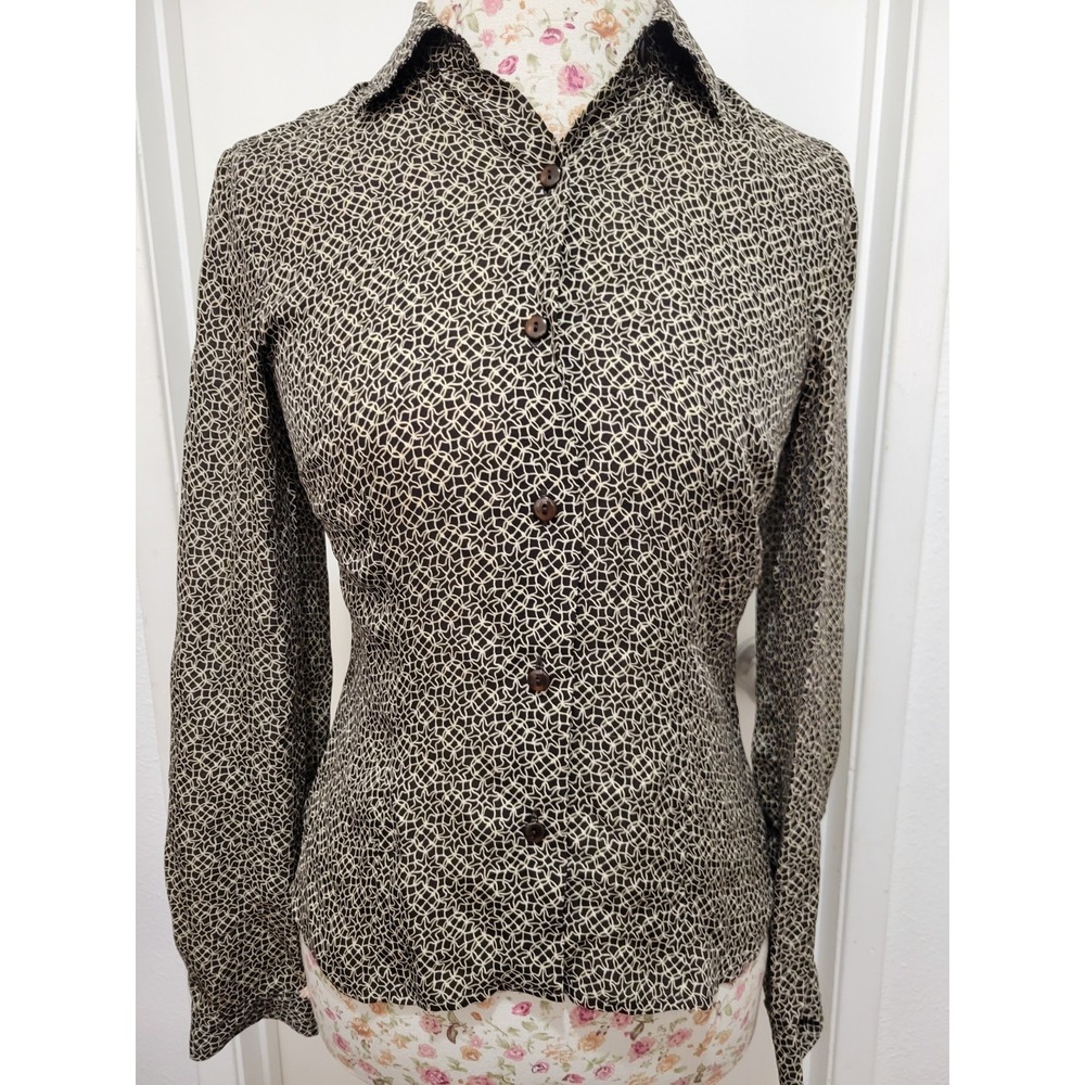 Vgt Ann Taylor Women Classic Old Money Silk Black Geometric Button Blouse Top 4P